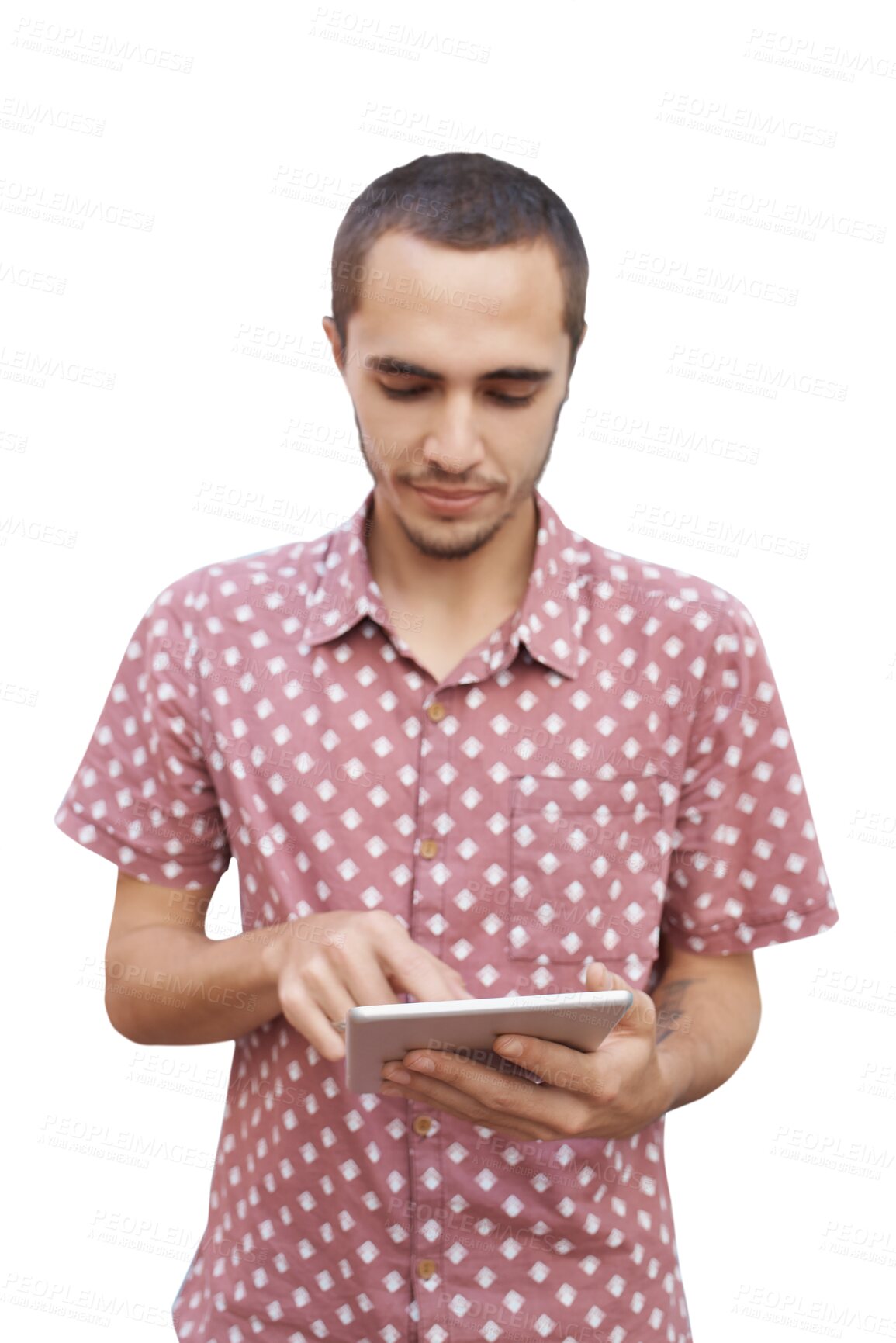 Buy stock photo Tablet, isolated or man reading on social media, chat app or internet website for online information. Networking, research or entrepreneur typing on digital technology on transparent png background