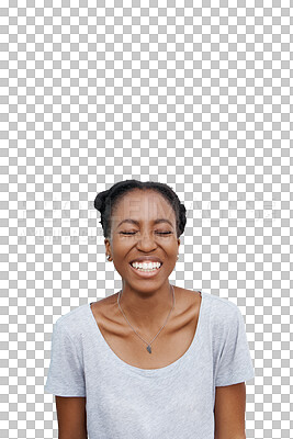 Buy stock photo Happy, smile and face of excited black woman on isolated, PNG and transparent background. Eyes closed, laughing and person with joy and positivity in trendy clothes. fashion style and casual outfit