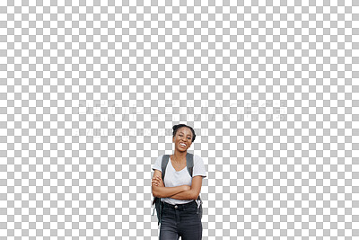 Buy stock photo Portrait, smile or student with confidence, arms crossed and isolated on transparent png background. Happy, cheerful and assertive African woman or gen z female person for first day back to school