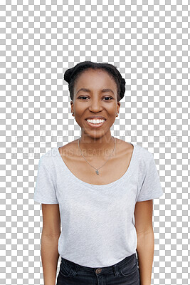 Buy stock photo Happy, portrait and black woman with casual fashion or style on a transparent PNG background. Isolated young African, female person or face of student with smile and positive attitude in happiness