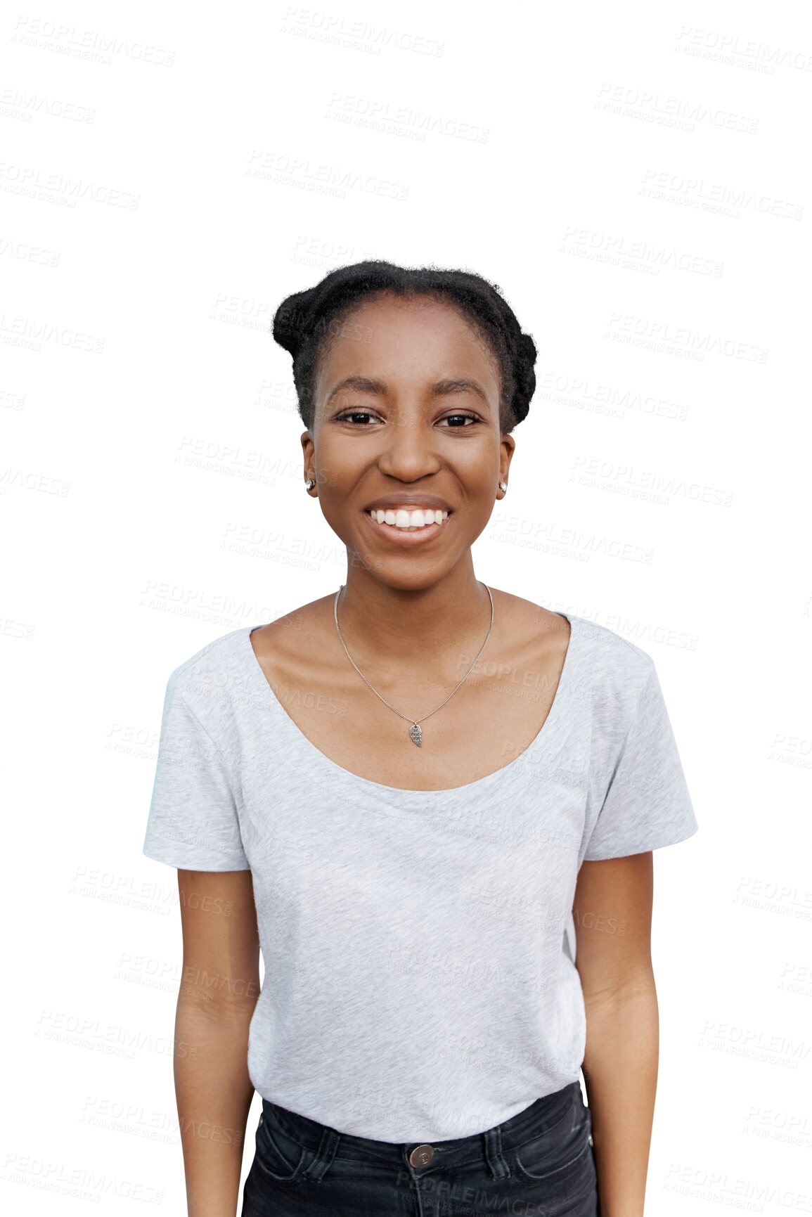 Buy stock photo Happy, portrait and black woman with casual fashion or style on a transparent PNG background. Isolated young African, female person or face of student with smile and positive attitude in happiness