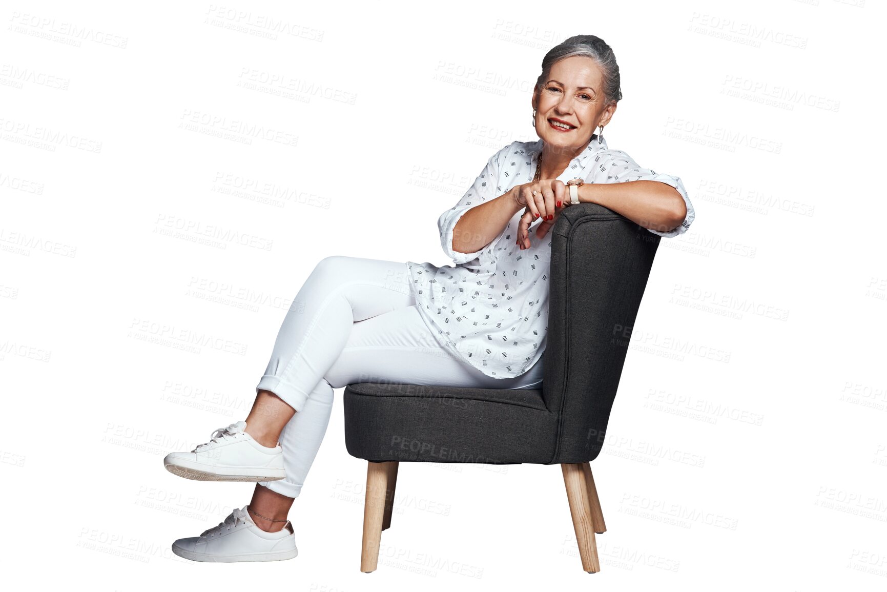 Buy stock photo Mature woman, sitting and portrait while smiling, couch and relax for sofa and confidence. Senior female person, fashion and leisure for isolated, transparent and png background for trendy look
