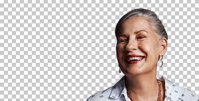 Buy stock photo Face, thinking and smile of senior woman, inspiration and planning future isolated on a transparent png background. Retirement, happy and elderly person dream, laughing and remember funny memory