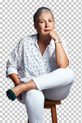 Buy stock photo Portrait, mature and woman sitting with confidence and isolated on transparent png background. Older, female person or stylist with accessories and casual outfit for fashion, makeup and beauty