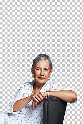 Buy stock photo Mature, woman and relax on chair in portrait or psychologist with confidence on transparent, isolated or png background. Calm, person and professional therapist sitting on armchair with advice