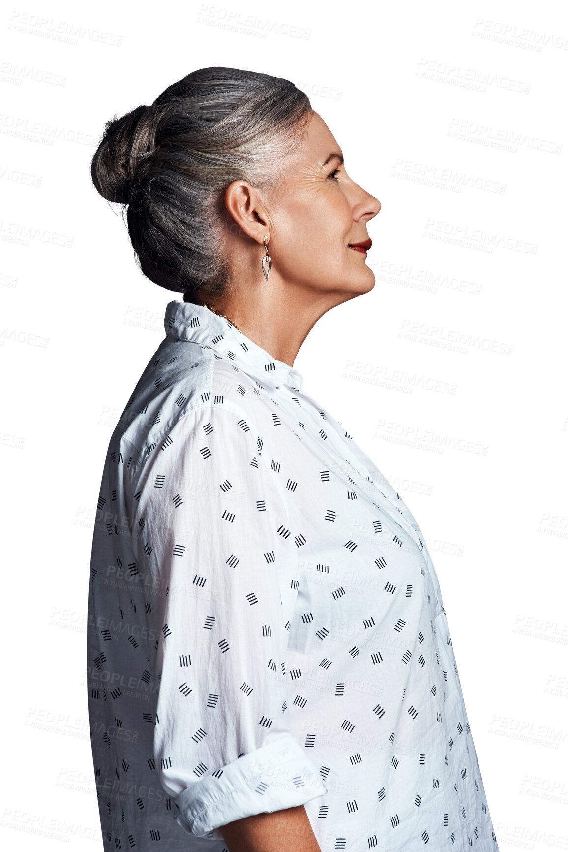 Buy stock photo Senior lady, profile and smile for fashion, hair care and confident model for apparel and designer fashion. Mature female person, proud and retirement for transparent, isolated and png background