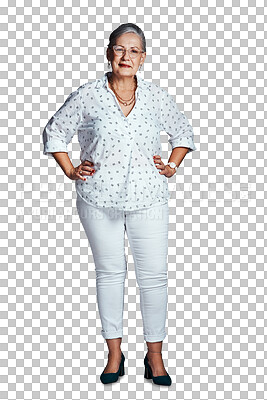 Buy stock photo Portrait, confidence and senior woman with glasses isolated on a transparent png background. Retirement, elderly and person in spectacles, casual or stylish clothes for fashion of pensioner in Mexico