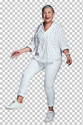 Buy stock photo Dance, excited or portrait of senior woman on png background with energy, happiness or smile. Transparent, celebrate or isolated elderly lady jumping for success, winning or achievement in retirement