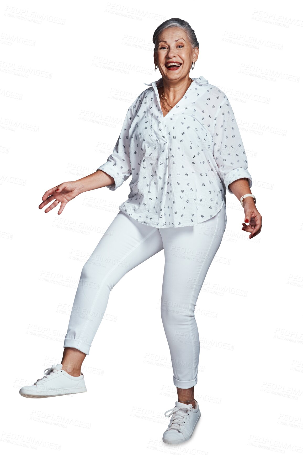 Buy stock photo Dance, excited or portrait of senior woman on png background with energy, happiness or smile. Transparent, celebrate or isolated elderly lady jumping for success, winning or achievement in retirement