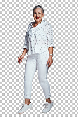 Buy stock photo Old woman, smile in portrait and fashion with casual outfit and white clothes isolated on png transparent background. Happy, healthy and retirement with simple shirt and pants, pension and confidence