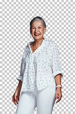Buy stock photo Portrait, smile and fashion of senior woman with joy isolated on a transparent png background. Retirement, elderly and happy person laugh in casual or stylish clothes of positive pensioner in Mexico