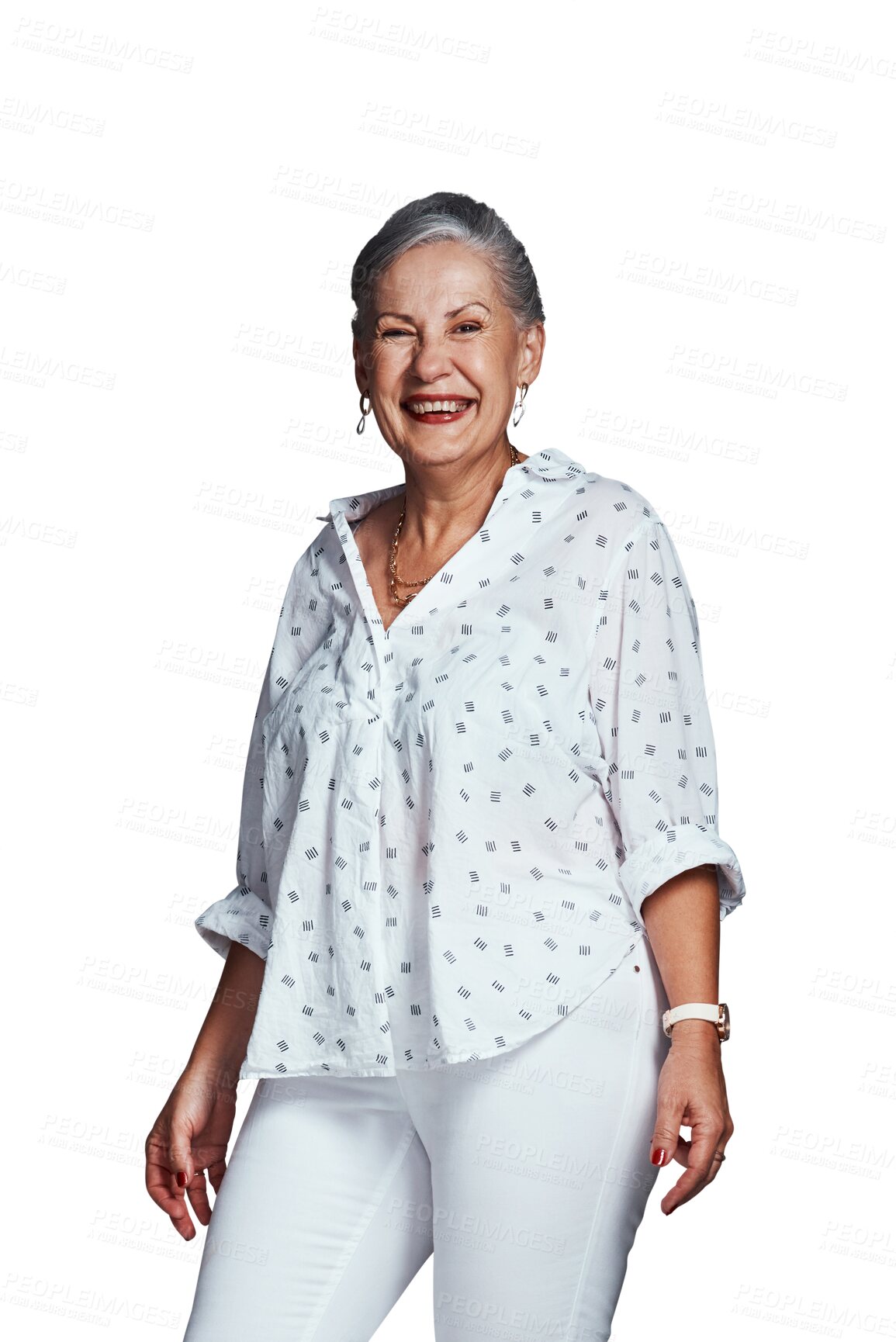 Buy stock photo Portrait, smile and fashion of senior woman with joy isolated on a transparent png background. Retirement, elderly and happy person laugh in casual or stylish clothes of positive pensioner in Mexico