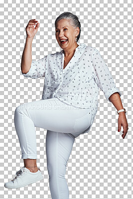 Buy stock photo Winner, jump or excited senior woman on png background with energy, happiness or smile for joy. Transparent, celebrate or isolated elderly person with success, goals or achievement in fun retirement
