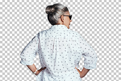 Buy stock photo Old woman, back view and casual fashion with confidence, sunglasses and style isolated on png transparent background. Cotton shirt, simple outfit and cool grandma with shades, retirement and pension