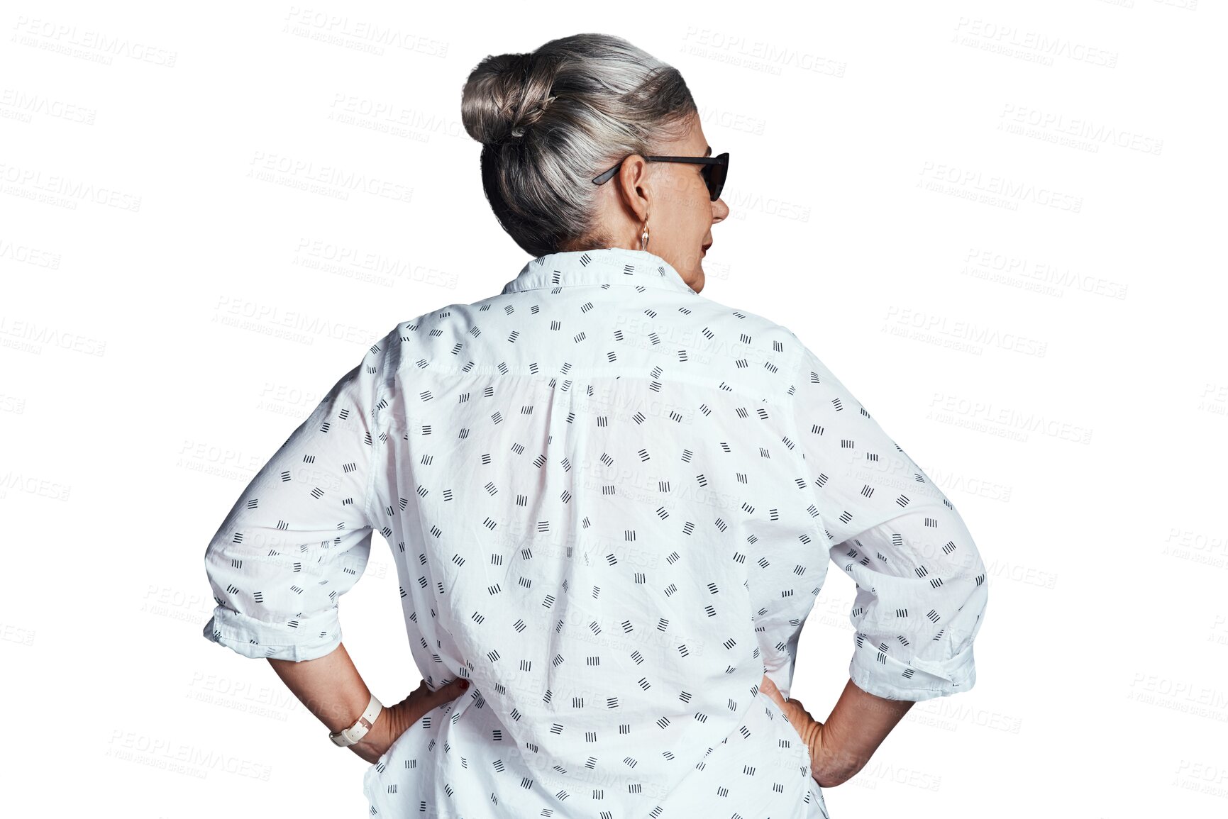 Buy stock photo Old woman, back view and casual fashion with confidence, sunglasses and style isolated on png transparent background. Cotton shirt, simple outfit and cool grandma with shades, retirement and pension