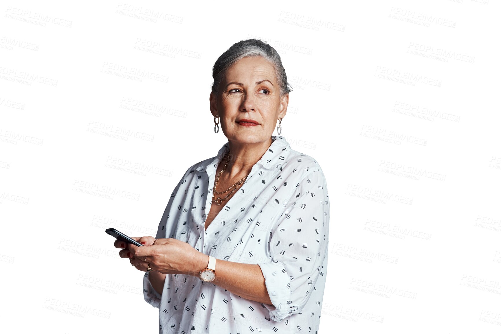 Buy stock photo Senior woman, cellphone and thinking of message on social media, connection and mobile app for networking. Mature person, smartphone and relax on retirement and isolated on transparent png background