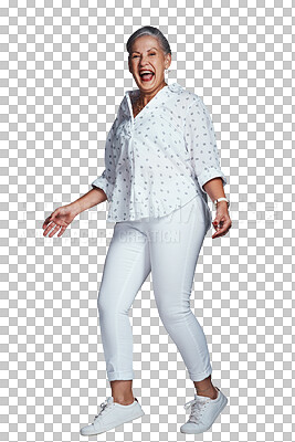 Buy stock photo Dancing, excited or portrait of senior woman on png background with energy, happiness or smile. Transparent, celebration or isolated elderly lady with success, winning or achievement in retirement