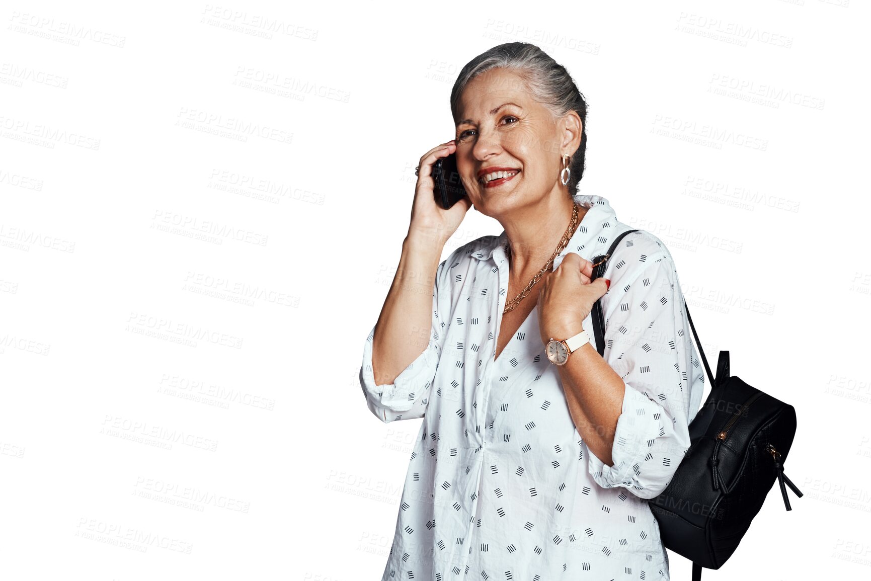 Buy stock photo Mature woman, phone call and communication in conversation, talking and speaking on technology. Senior female person, bag and travel in retirement, happy and isolated on transparent png background