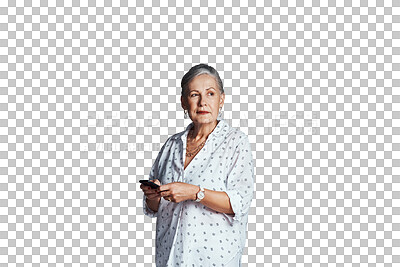 Buy stock photo Senior woman, smartphone and thinking of message on social media, old age and mobile app for networking. Mature person, cellphone and relax on retirement and isolated on transparent png background