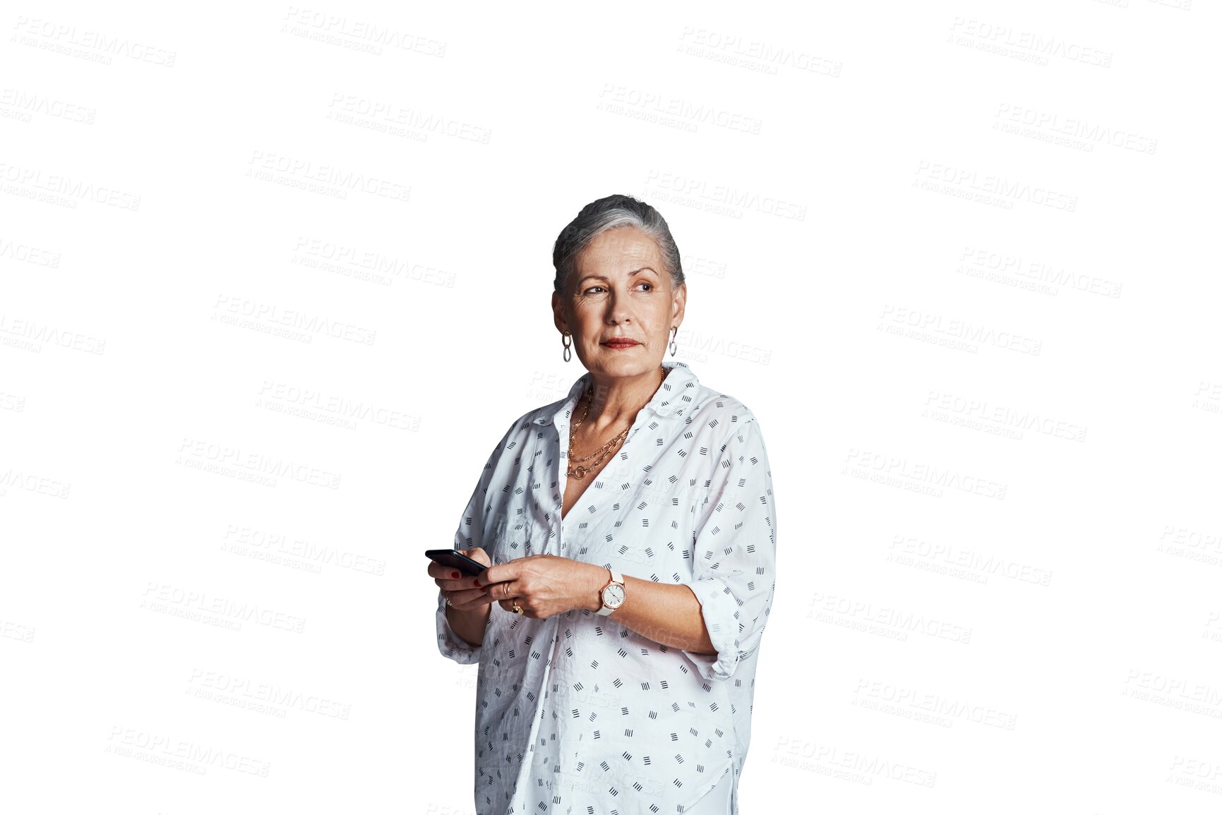 Buy stock photo Senior woman, smartphone and thinking of message on social media, old age and mobile app for networking. Mature person, cellphone and relax on retirement and isolated on transparent png background