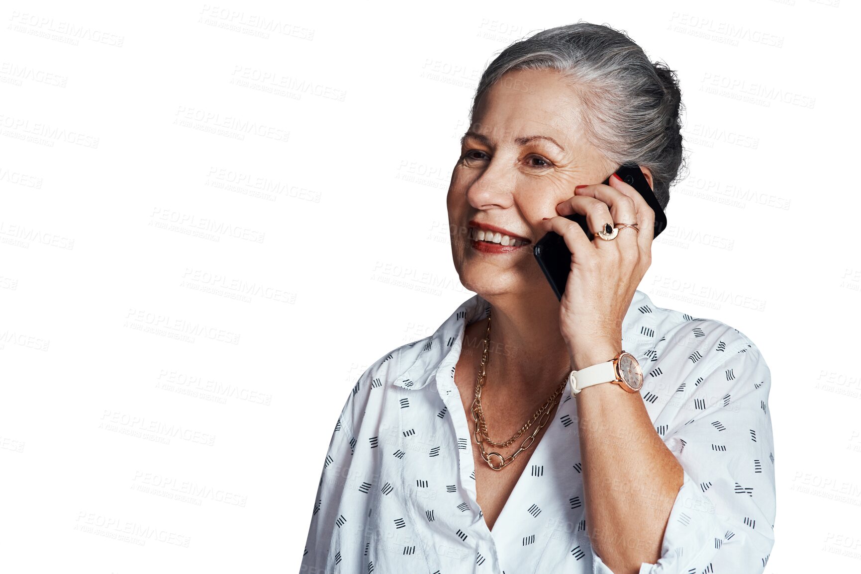 Buy stock photo Mature woman, phone call and smiling in conversation, talking and speaking on technology. Senior female person, online and connect in retirement, happy and isolated on transparent png background