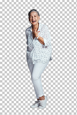 Buy stock photo Portrait, fashion or happy senior woman laughing isolated on transparent png background with smile. Funny joke, humor or elderly person with confidence, modern style or trendy clothes in a cool pose 