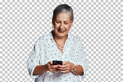 Buy stock photo Mature woman, blog and phone for communication or conversation, mobile app and reading a message. Senior female person, online and website for info, happy and isolated on transparent png background