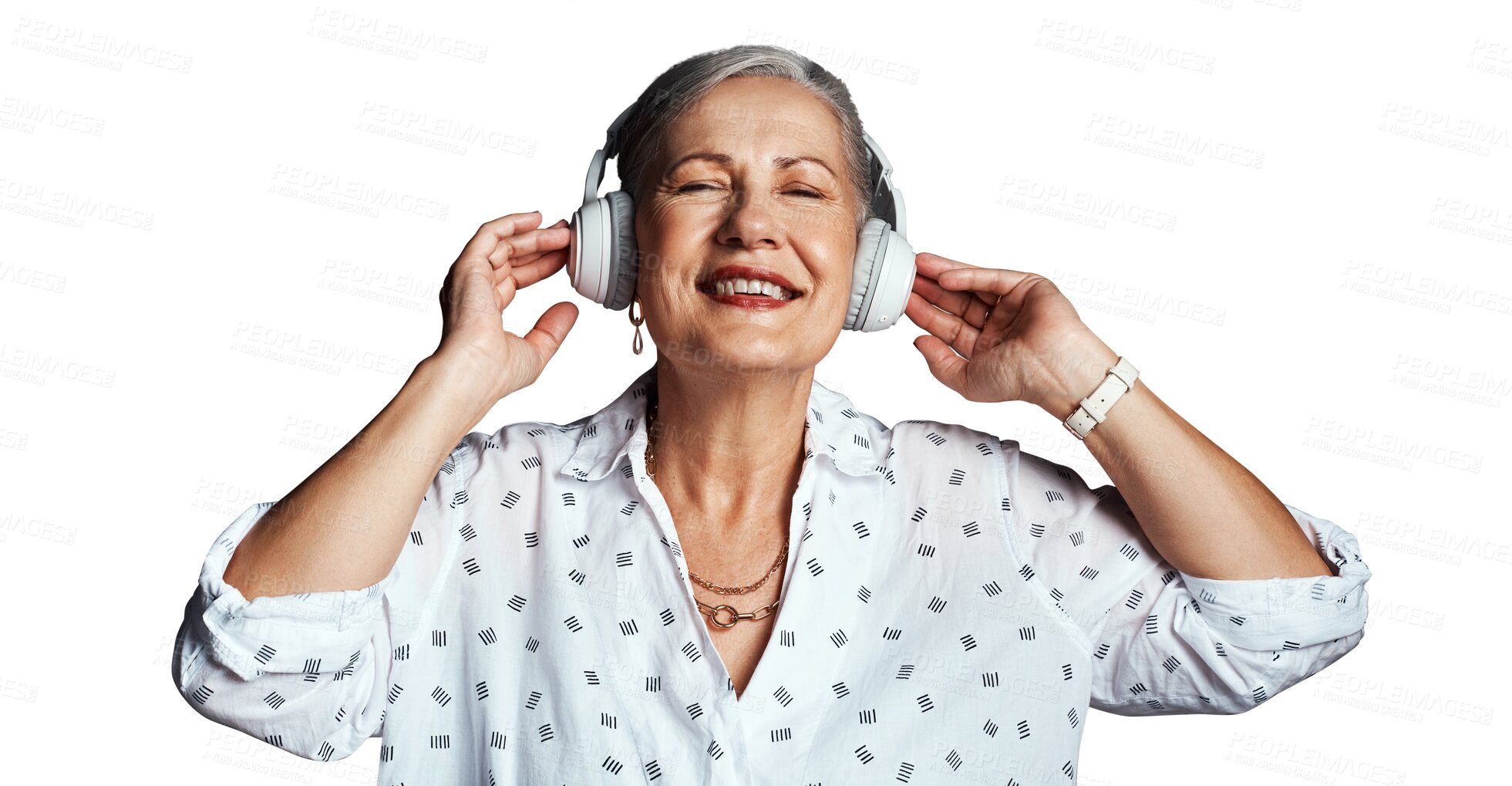 Buy stock photo Mature woman, headphones and relaxing with song, streaming radio and listen to sound or audio. Senior female person, happy and subscribe to playlist, hear and isolated on transparent png background