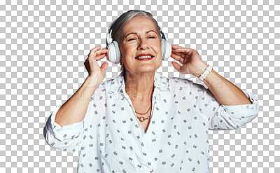 Buy stock photo Mature woman, headphones and relaxing with music, streaming radio and listen to sound or audio. Senior female person, happy and subscribe to playlist, hear and isolated on transparent png background