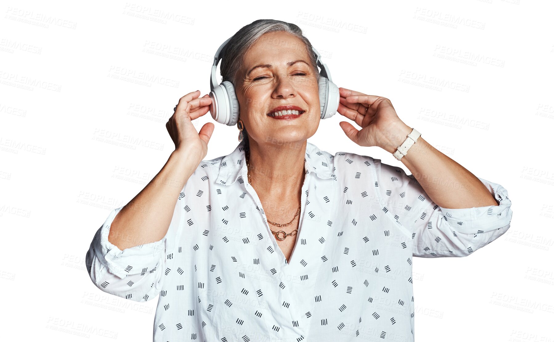 Buy stock photo Mature woman, headphones and relaxing with music, streaming radio and listen to sound or audio. Senior female person, happy and subscribe to playlist, hear and isolated on transparent png background