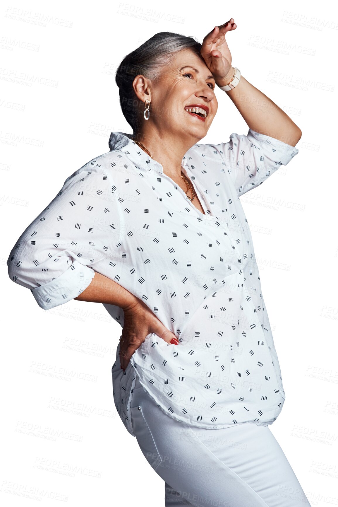 Buy stock photo Senior woman, hot flashes and happy in trendy fashion and confident in funky style and thinking in retirement. Old lady, smile or creative idea on menopause or isolated on transparent png background