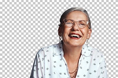 Buy stock photo Senior woman, portrait and laughing at funny joke in retirement and humor for elderly comedy. Old lady, happy face and retro glasses for eyecare or vision and isolated on transparent png background