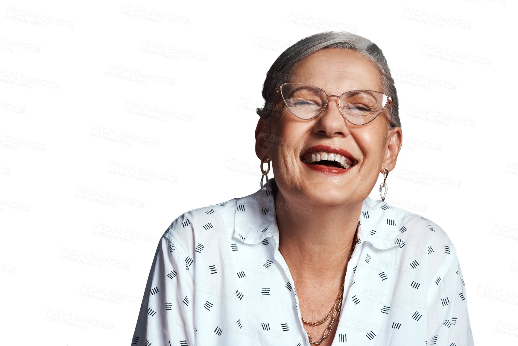 Buy stock photo Senior woman, portrait and laughing at funny joke in retirement and humor for elderly comedy. Old lady, happy face and retro glasses for eyecare or vision and isolated on transparent png background