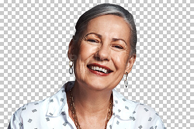 Buy stock photo Elderly woman, portrait and happy in retirement, grandmother and positivity in headshot. Pension, health and wellness with old age, smile on face for good mood isolated on png transparent background