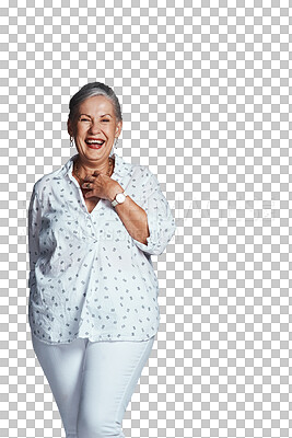 Buy stock photo Old woman, portrait and laughing at funny joke in retirement and humor for elderly comedy. Senior lady, happy face or confident in fashion clothes for style or isolated on transparent png background