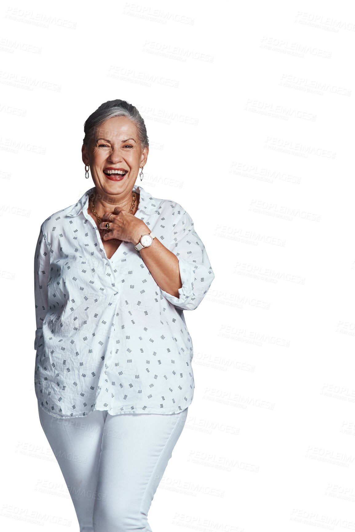 Buy stock photo Old woman, portrait and laughing at funny joke in retirement and humor for elderly comedy. Senior lady, happy face or confident in fashion clothes for style or isolated on transparent png background
