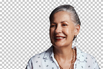Buy stock photo Face, thinking and happy senior woman, inspiration and planning future isolated on a transparent png background. Retirement, smile and elderly person dream, vision and expression to remember memory