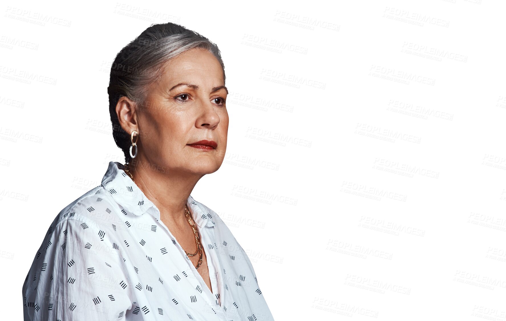 Buy stock photo Elderly woman, thinking and reflection on life with memory, retirement and insight on png transparent background. Remember, thoughtful and pensive with pension, dream and mindfulness for old age