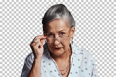 Buy stock photo Senior woman, portrait and glasses for thinking in retirement and judgement with trendy prescription eyewear. Old lady, face or funky spectacles for eyecare or isolated on transparent png background