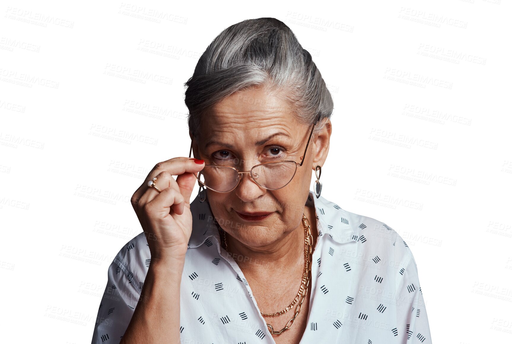Buy stock photo Senior woman, portrait and glasses for thinking in retirement and judgement with trendy prescription eyewear. Old lady, face or funky spectacles for eyecare or isolated on transparent png background