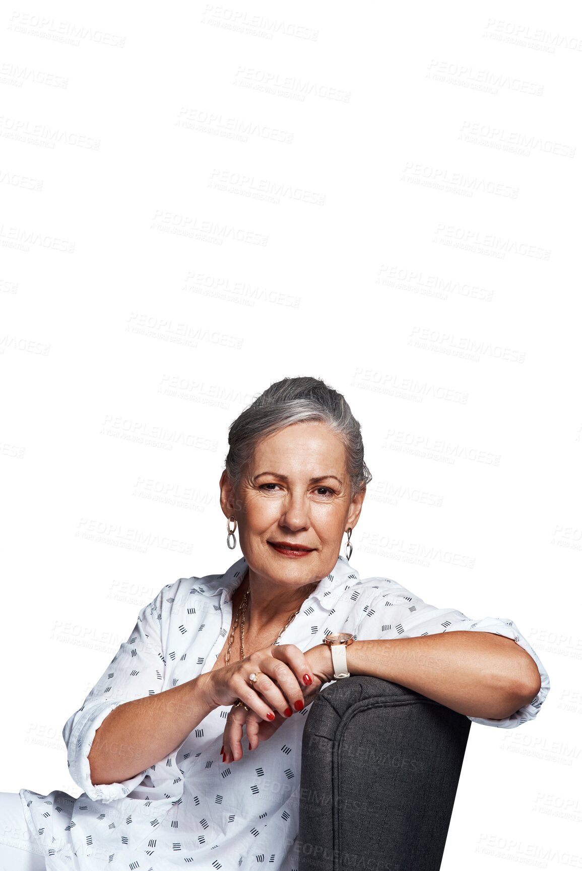 Buy stock photo Mature, woman and relax in portrait on chair or psychologist with confidence on transparent, isolated or png background. Calm, person and professional therapist sitting on armchair for counseling