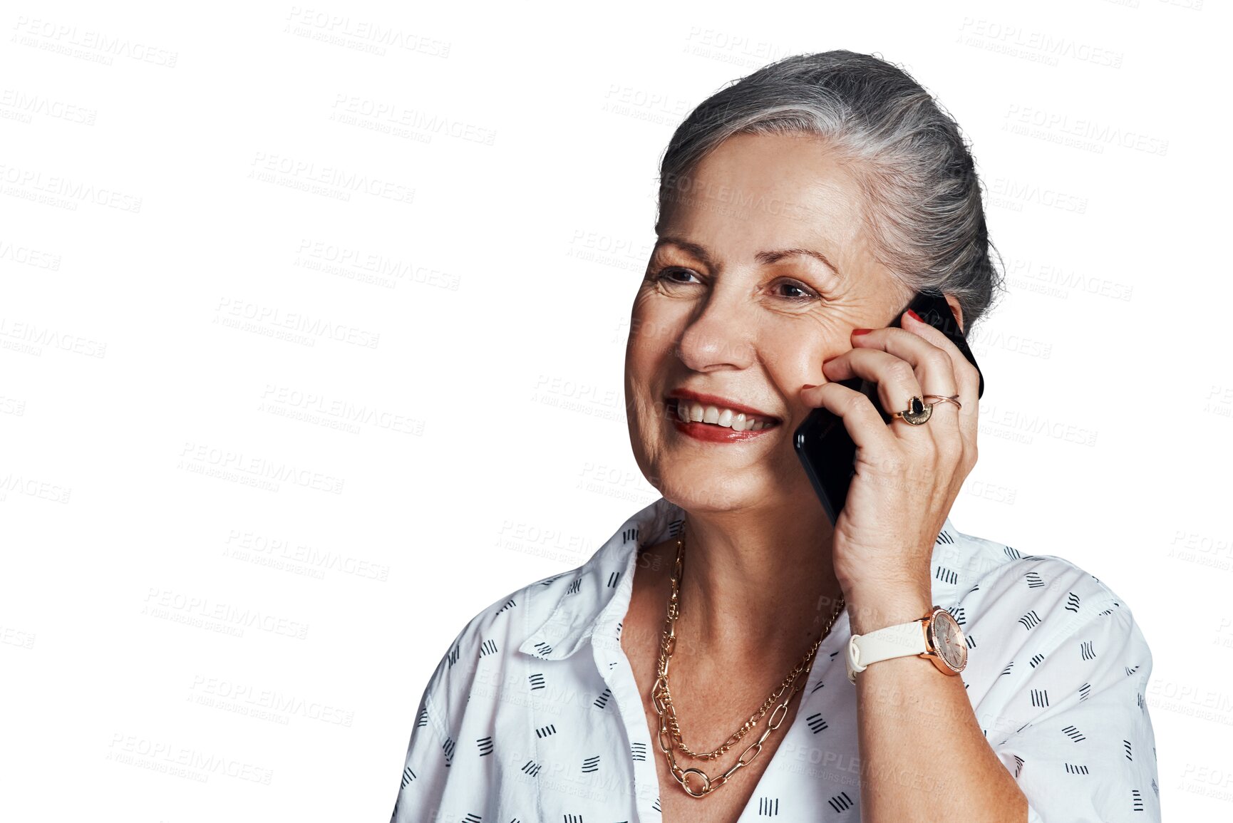 Buy stock photo Mature woman, phone call and discussion in conversation, talking and speaking on technology. Senior female person, internet and contact for chat, happy and isolated on transparent png background