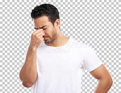 Buy stock photo Mental health, man and frustrated with stress, migraine and isolated on transparent png background. Depressed male person, anxious and eyes closed with illness, fatigue and discomfort of headache