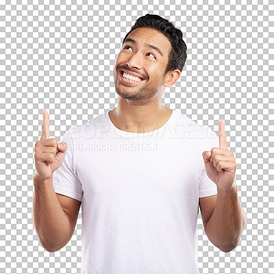 Buy stock photo Smile, man and pointing up for presentation, information and isolated on a transparent png background. Hand, gesture and happy person with announcement, offer or show choice of decision with fingers