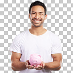 Handsome young mixed race man holding his pink piggybank while standing in studio isolated against a blue background. Hispanic male showing savings, finance, investment, wealth management and banking