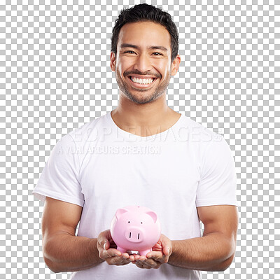 Buy stock photo Portrait, smile and man with piggy bank for savings, finance and budget isolated on a transparent png background. Face, happy person and money box for investment, wealth and cash for future profit