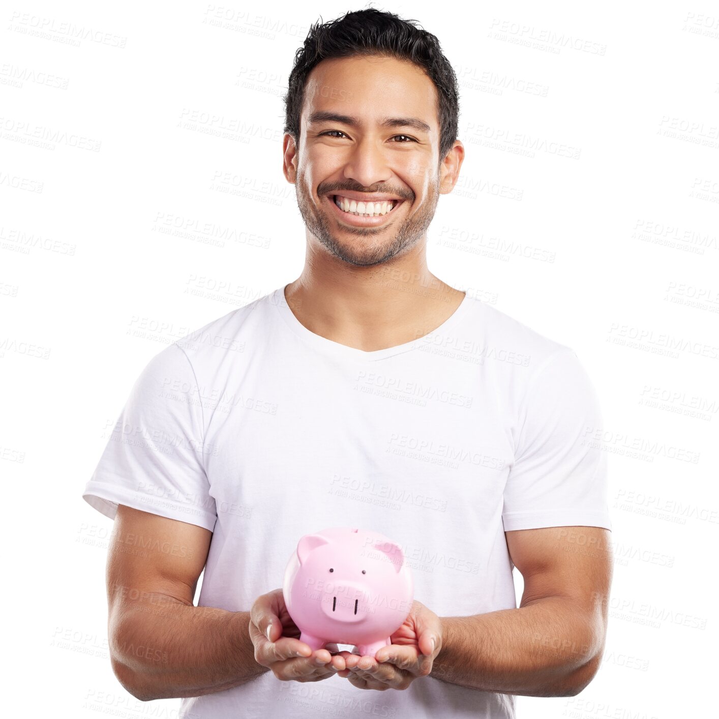 Buy stock photo Portrait, smile and man with piggy bank for savings, finance and budget isolated on a transparent png background. Face, happy person and money box for investment, wealth and cash for future profit