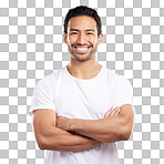 Handsome young mixed race man with his arms crossed while standing in studio isolated against a blue background. Happy hispanic male smiling while looking confident and powerful with his arms folded