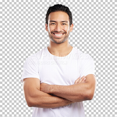 Buy stock photo Isolated man, arms crossed and smile in portrait with confidence, trendy style and transparent png background. Asian person, model and guy with t shirt, clothes and happy with pride in Indonesia