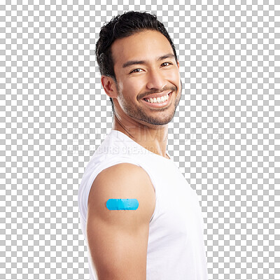 Buy stock photo Portrait, Asian man or smile with plaster for vaccination, immunization or injection for COVID 19. Male person, happy and proud of corona virus vaccines on isolated transparent png background